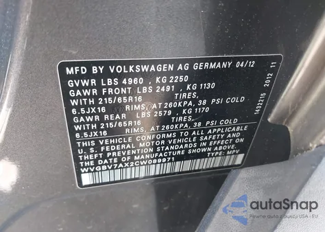 2012 Volkswagen Tiguan S z USA, uszkodzony, nr VIN WVGBV7AX2CW089971